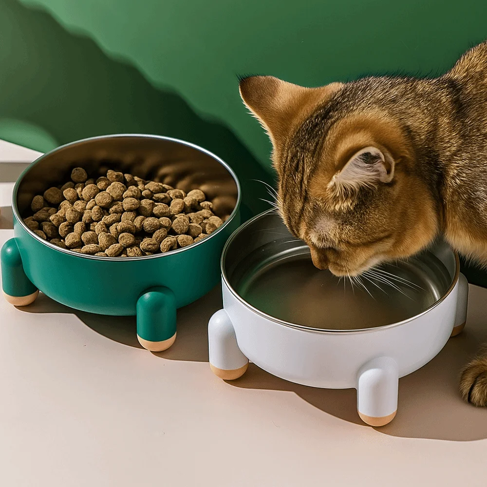 

Non Slip Base Pet Food Bowl Spill Resistant High Foot Neck Protection Splash Proof Bowl Rust Proof Cat Stainless Steel Bowl