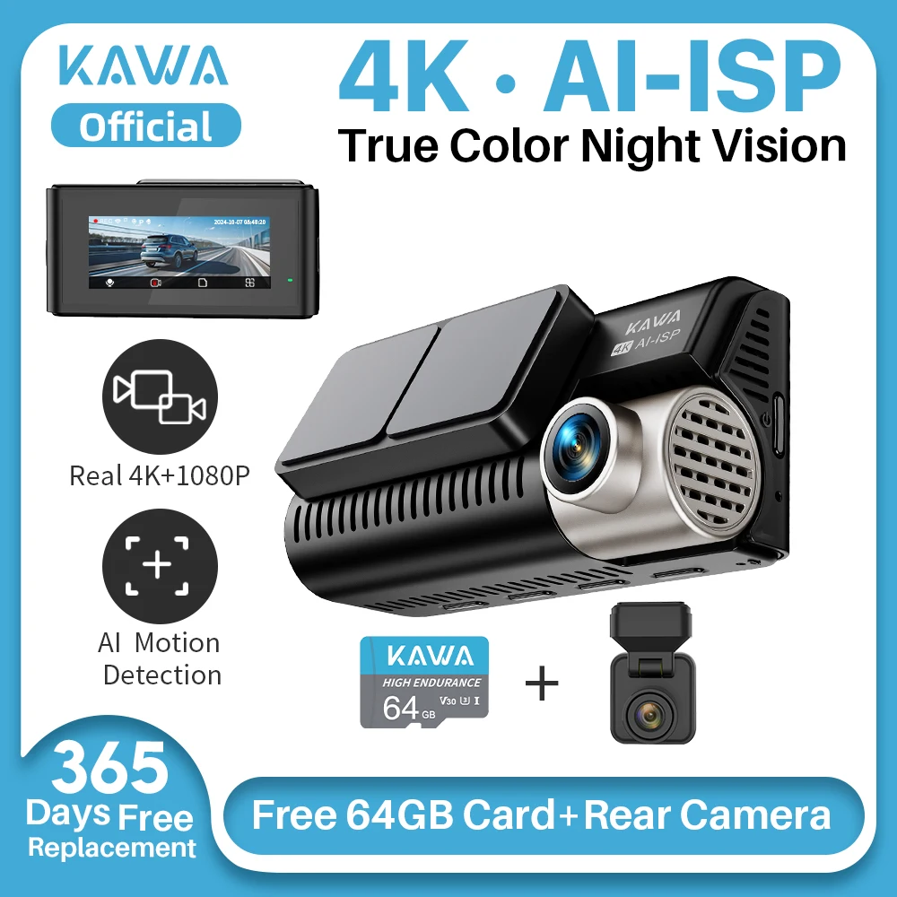 KAWA D11 Front and Rear Dash Cam 4K WiFi Car DVR GPS Video Recorder AI-ISP Color Night Vision Motion, Starvis Sensor Dashcam
