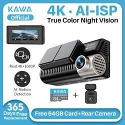 KAWA D11 Front and Rear Dash Cam 4K WiFi Car DVR GPS Video Recorder AI-ISP Color Night Vision Motion, Starvis Sensor Dashcam