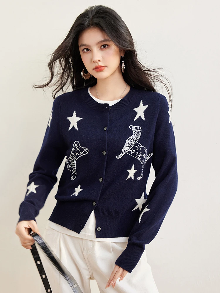 Knitted Cardigans Women 2025 Spring New Five-pointed Star Single Breasted Sweater Fashion Female Long Sleeve Knitted Coat