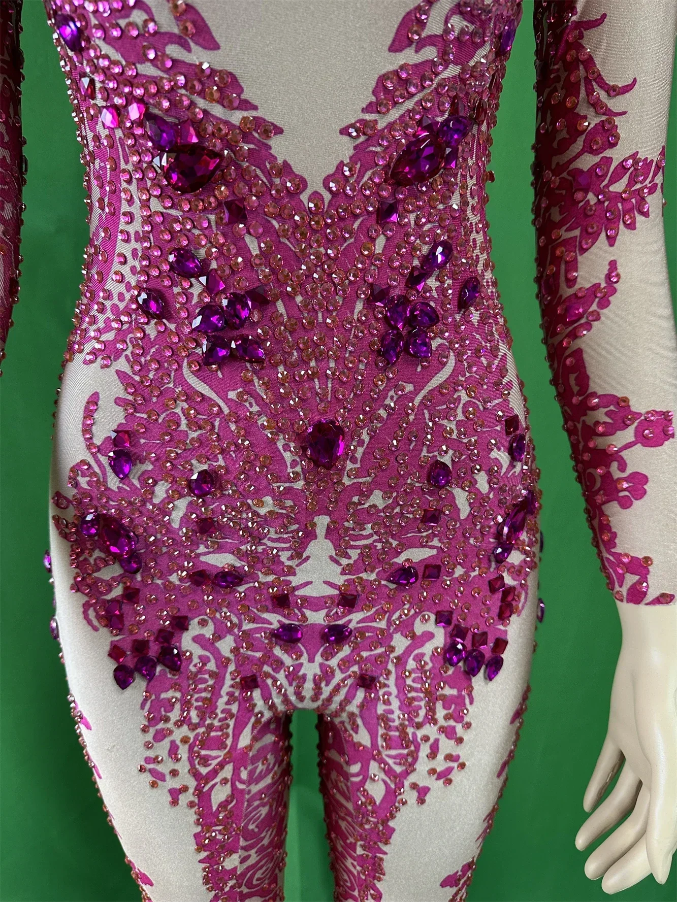 Spandex Purple Women Stunning Rhinestone Jumpsuits Nightclub Pole Dance Stage Wear Sexy Bod Suits Cheerleader Rave Outfit