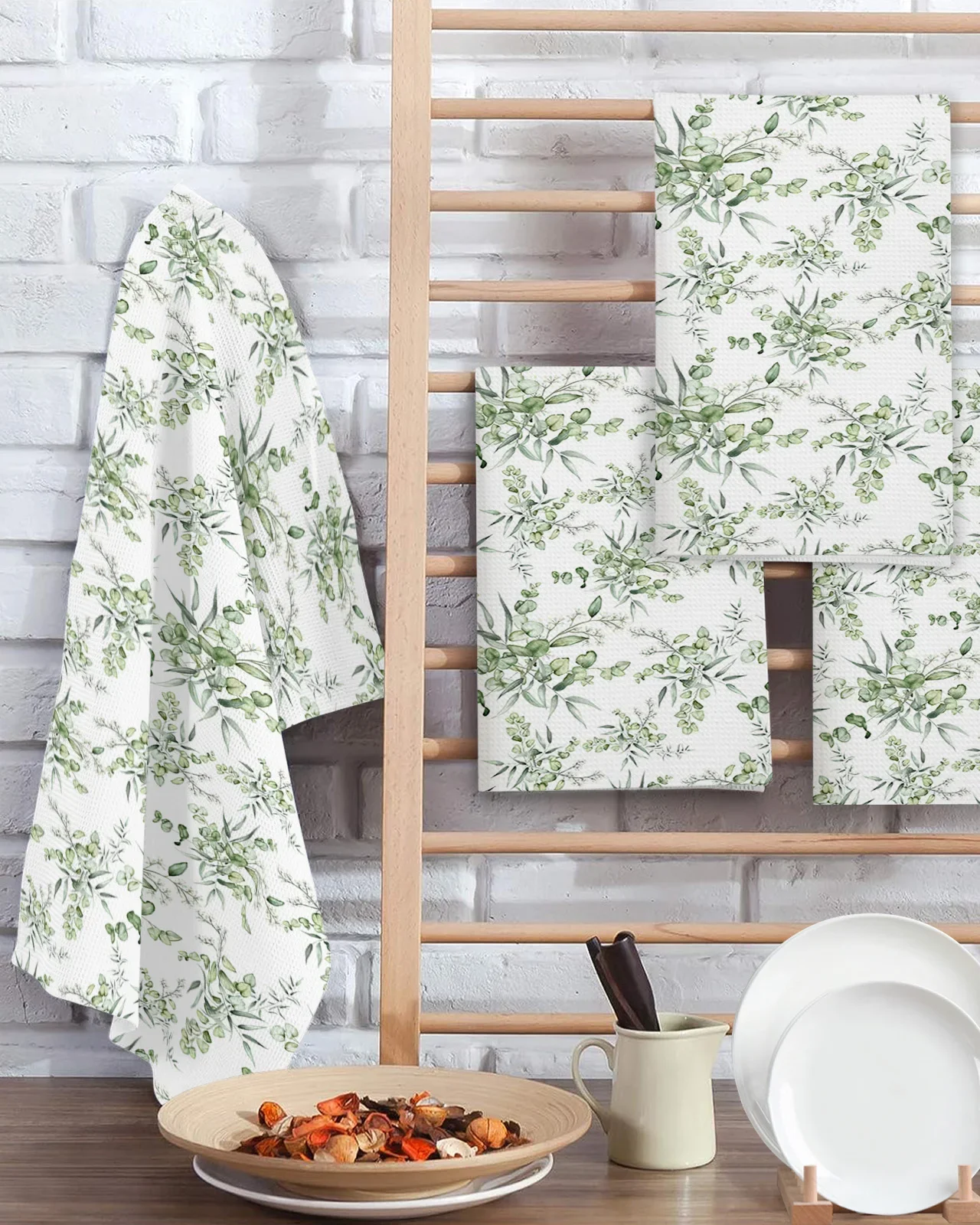 Spring Eucalyptus Leaves Bamboo 40*60cm Tea Towels Absorption Walf Checks Kitchen Soft Cleaning Towel Cloth Napkins Dish Rags