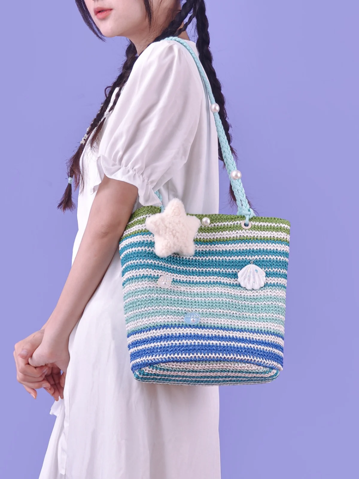 

Elegant Weave Handbag Women's Summer Casual Bucket Bag Double Strap Zipper Closure Soft Polyester Material Korean Style