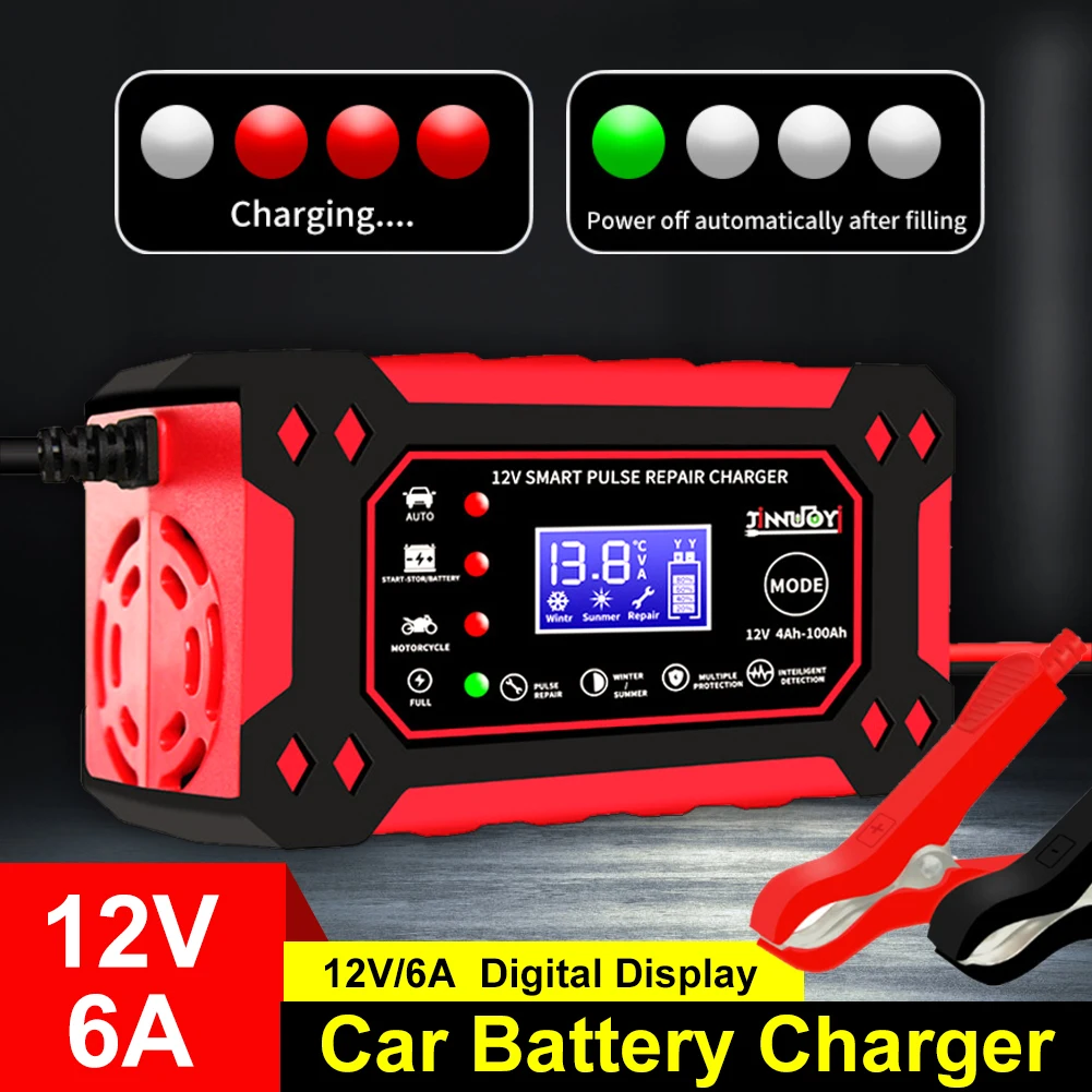 

12V 6A Car Battery Charger Full Automatic Pulse Repair Digital LCD Display Battery Charger for 4-100Ah Wet Dry Lead Acid AGM Gel