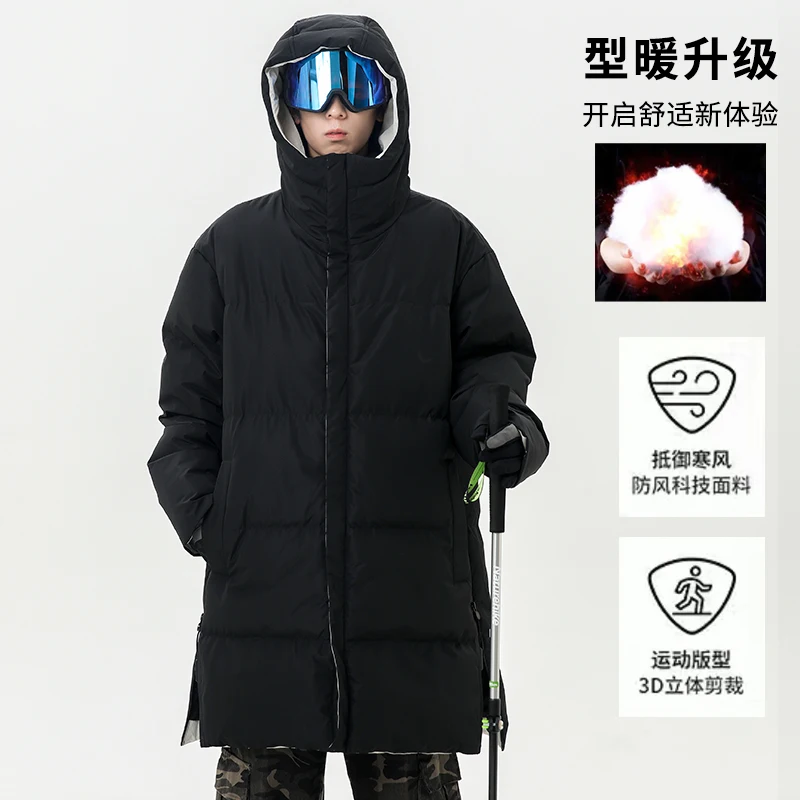 

Warm Hooded Puffer Jacket Men Warm Hooded Parka Snow Clothing Trench Coat Thickened Zipper Solid Color Long Padded Parkas