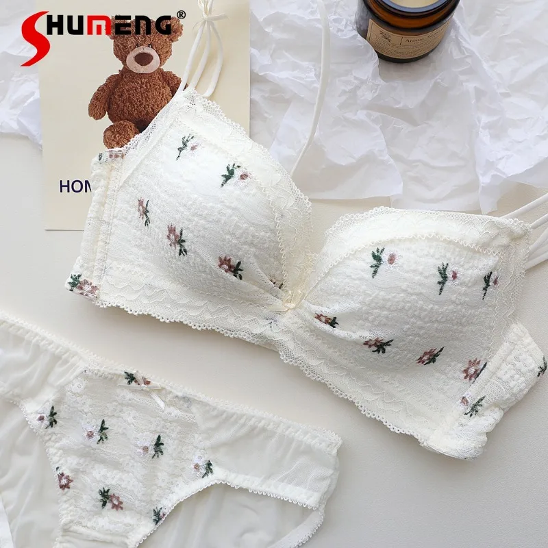 

Push Up Enhancing Sexy Bra Set for Women Bubble Floral Wireless Brief Suits Female Japanese Thickened Small Chest Intimates