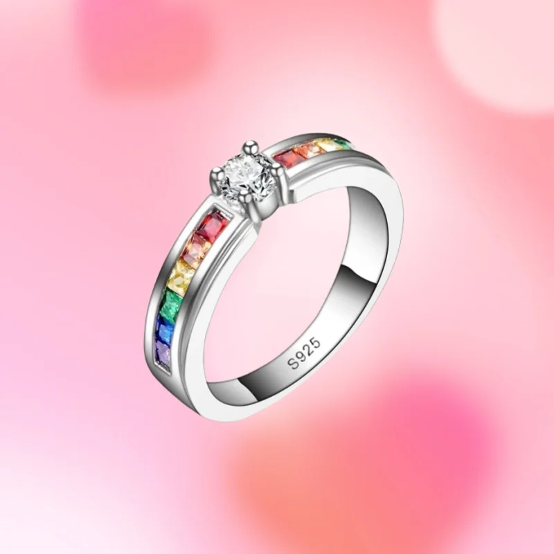 

Натуральная 100% стерлингового серебра 925 пробы, радужные кольца с кубическим цирконом для женщин, свадебное милое обручальное кольцо, аксессуар, подарок