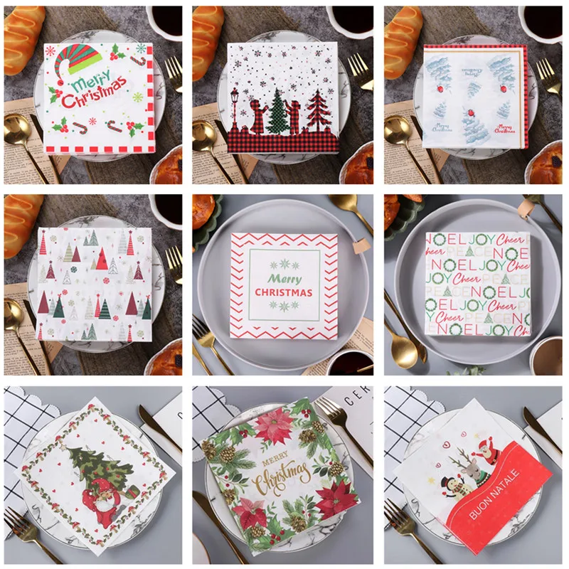 20Pcs 33x33cm Christmas Series Printed Paper Disposable Tableware Sqaure Napkin Tissues Xmas Party Decor