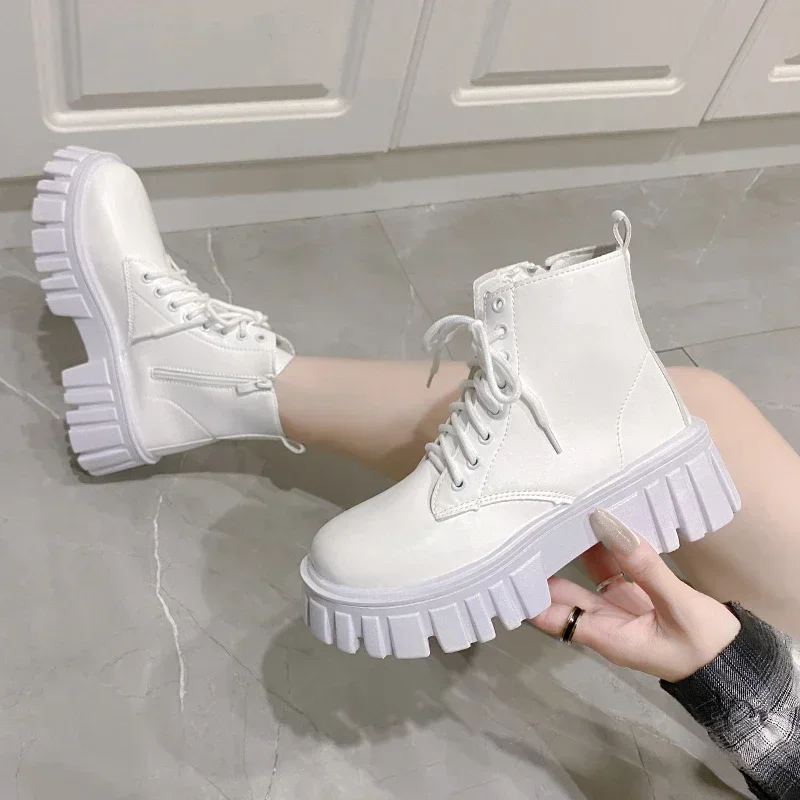 2024 White New Women Ankle Boots  Autumn Winter Platform Zipper Women Punk Boots Thick Sole Lace Up Combat Booties Female Mujer