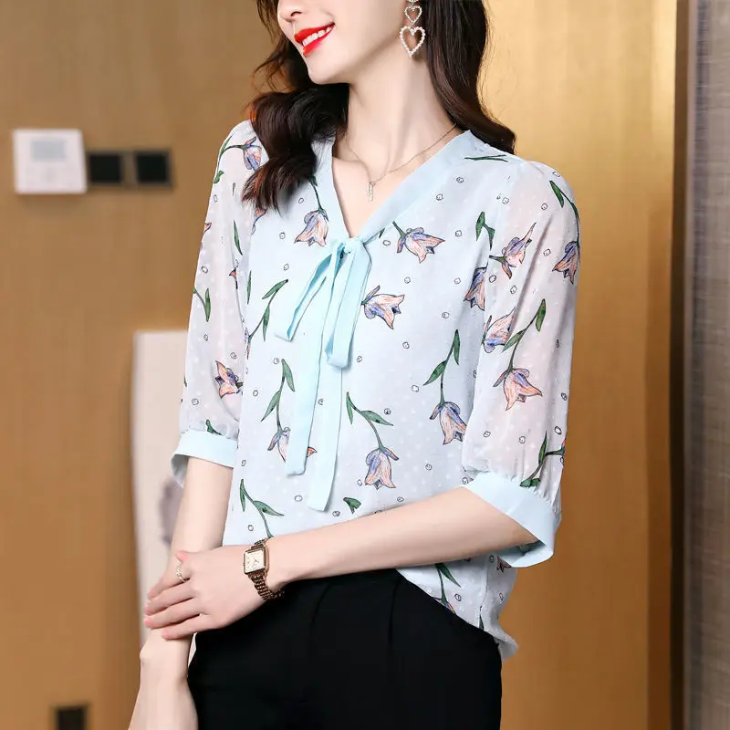 Blusa de chiffon floral novo estilo verão solto ajuste camisa feminina emagrecimento