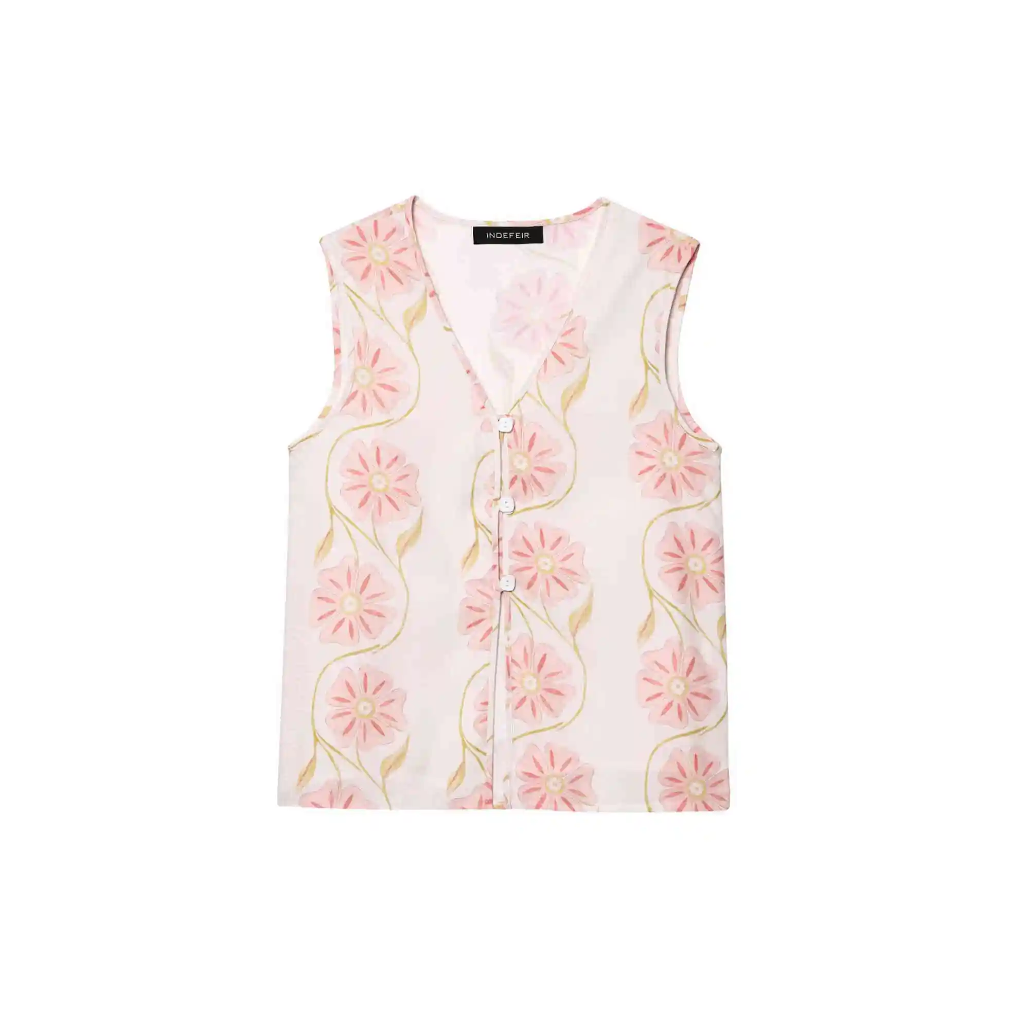 Letni zestaw damski 2025: nowa moda, lniany top z nadrukiem, zapinany na guziki, dekolt w serek, dopasowany krój, spódnica do połowy uda, odpowiedni dla kobiet w wieku 25-35 lat.