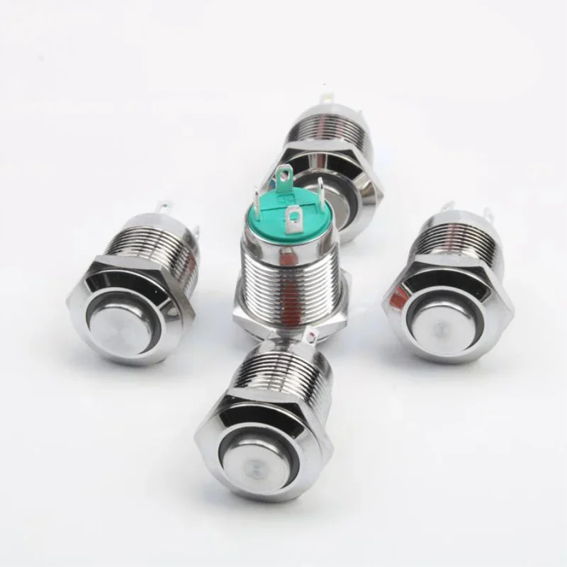 1pc 12mm metal brass push button switches ring illumination high round switch flat shape momentary 1NO pin terminal