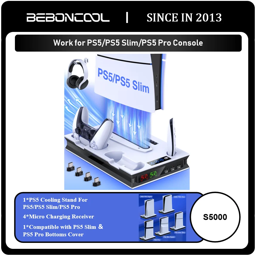 BEBONCOOL S5000 Vertical Stand For Ps5 New Slim Version  PS5 Cooling Station with Two Dual Fast Charging USB for ps5 accessories