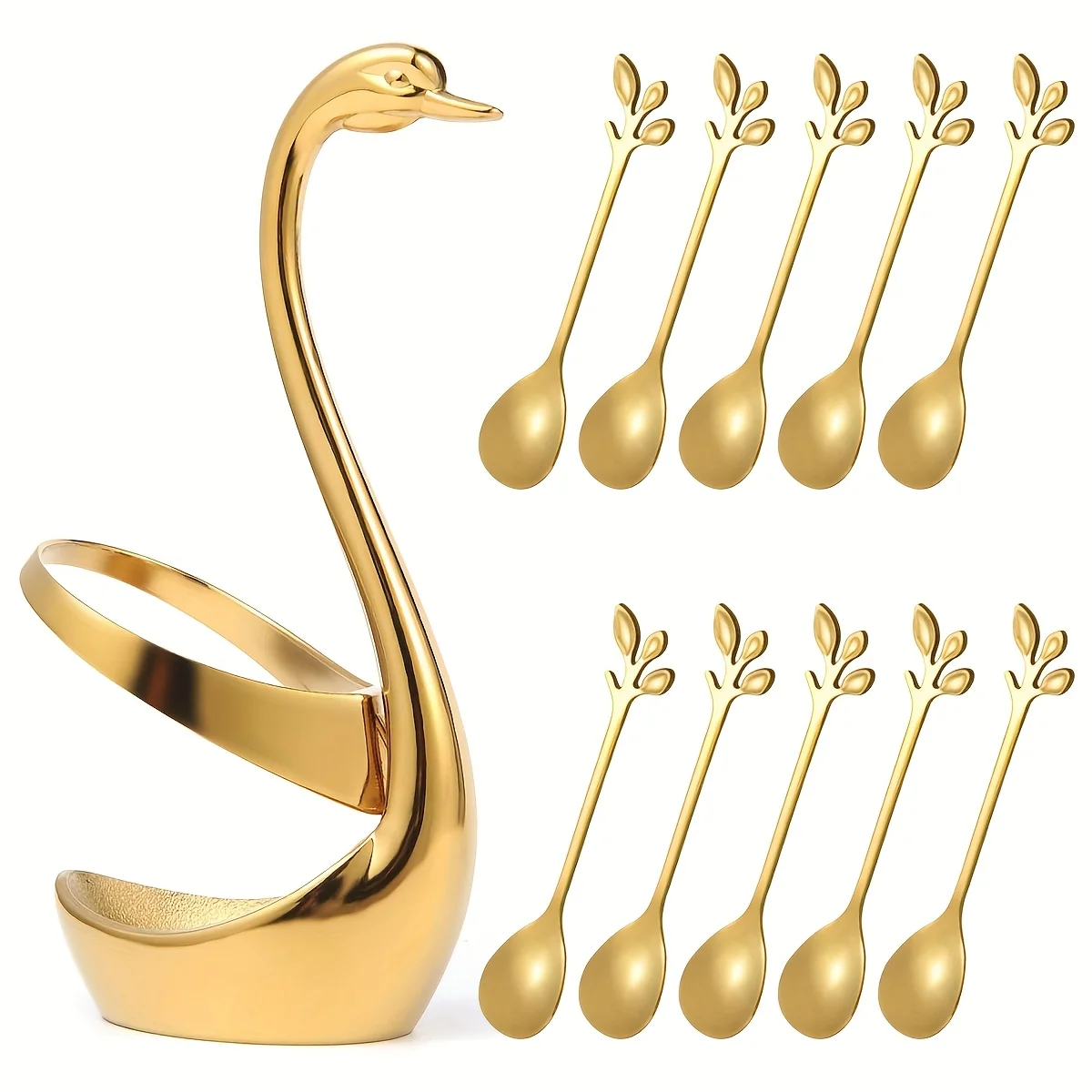 

Elegant Swan Base Holder Set with 10 pcs Gold Leaf 4.7" Stainless Steel Mini Forks or Spoon for Appetizer, Fruit, Dessert, Cake