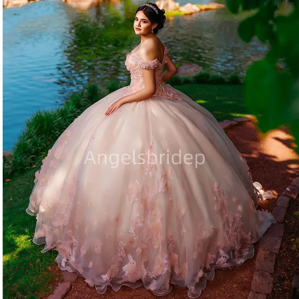 Angelsbride Pink Princess Ball Gown 15 Year Old Quinceanera Dresses With 3D Handmade Flowers Brithday Party  Vestidos De 15 Años