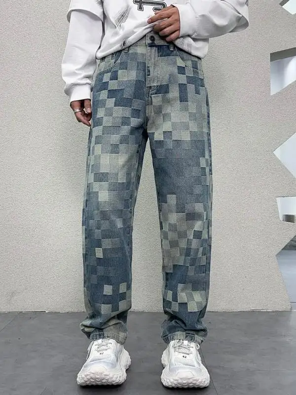 

American High Street Mosaic Print Men's Jeans Straight Leg Loose Fit Trendy Wide Leg Long Pants Casual Wear Autumn Youth