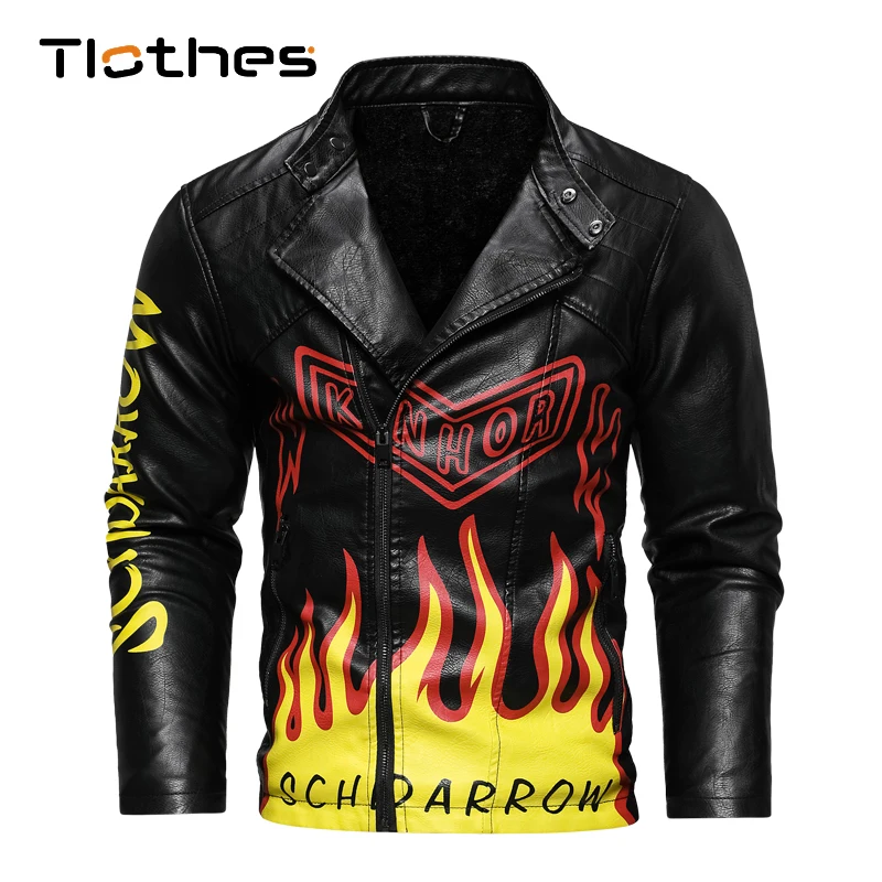 

Patchwork Leather Jacket Men Colored Flame Print PU Leather Jacket Biker Motorcycle Leather Clothing Mens Design Jacket