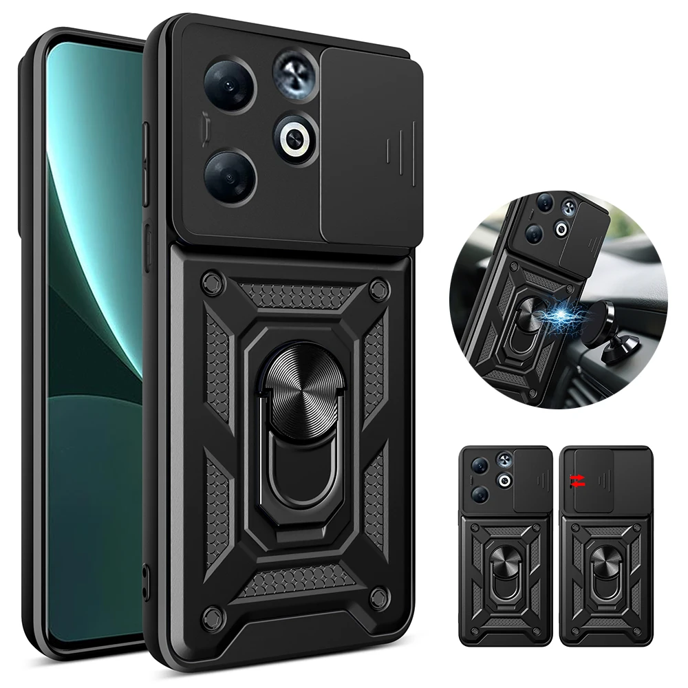 Slide Camera Case for Infinix Smart 8 Pro Plus HD Car Magnetic Ring Holder Armor Phone Cover Smart8Pro X6525 X6525B X6526 Coque