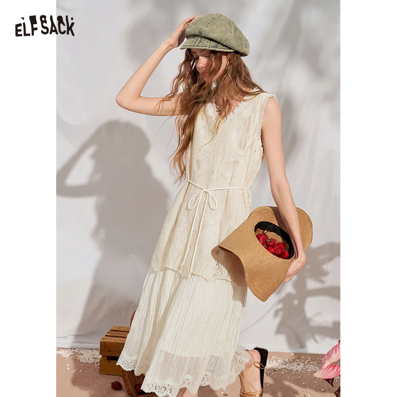 

ELFSACK Double-Layer Lace Midi Dress, Sleeveless V-Neck Loose White Dress, Elegant See-Through Hem Casual Dress for Women