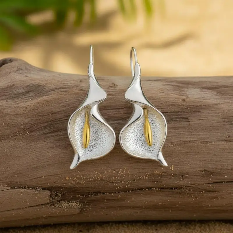 Lightweight Silver Calla Lily Dangle Earrings Two Tone Gold Accent Textured for Girlfriend Valentine's Day Daily Gift