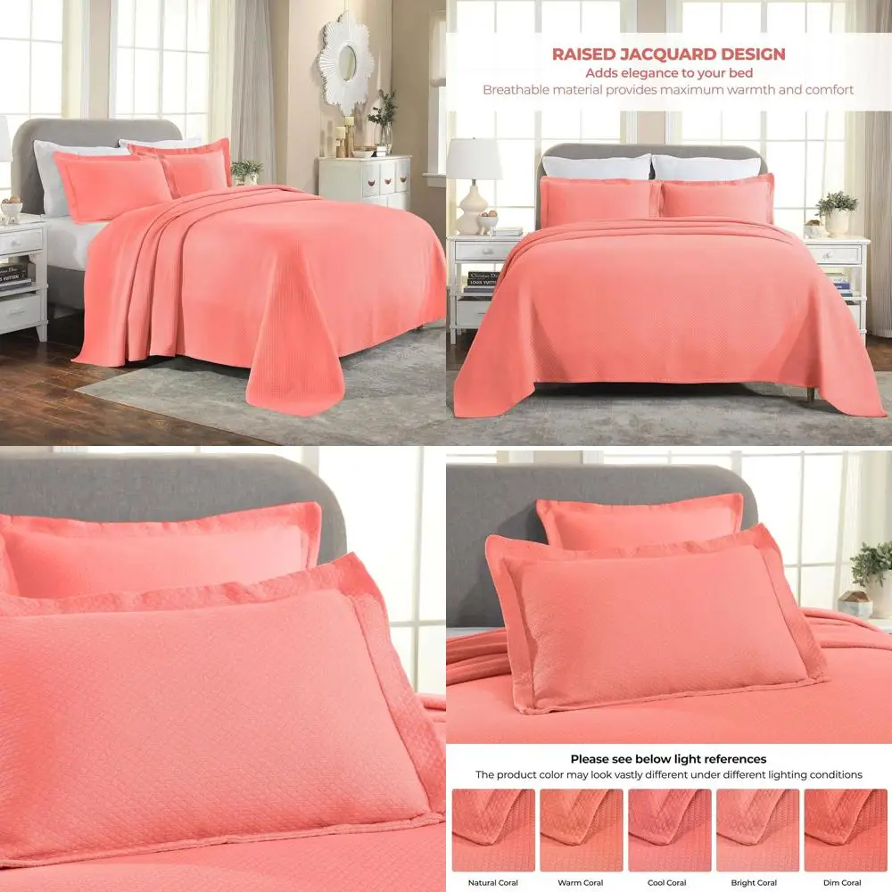 

Coral Twin Size Cotton Bedspread Set with Pillow Sham, Textured Matelasse Coverlet, All-Season Decorative Blanket