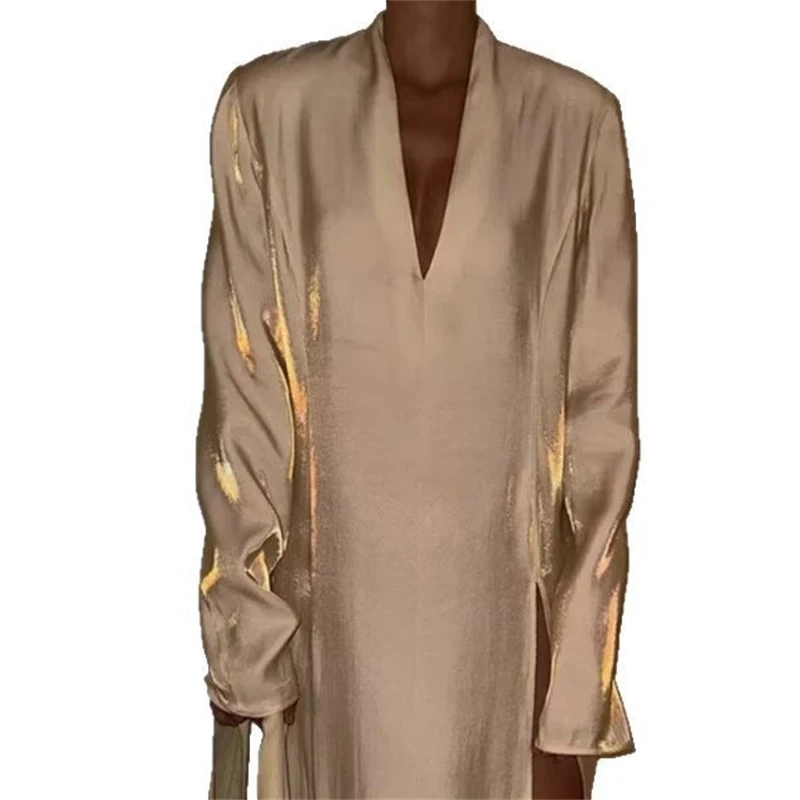 2025 الربيع/الصيف المرأة الجديدة الخامس الرقبة سبليت تنورة طويلة موضة كم طويل فستان كاجوال ملابس نسائية أوروبية وأمريكية