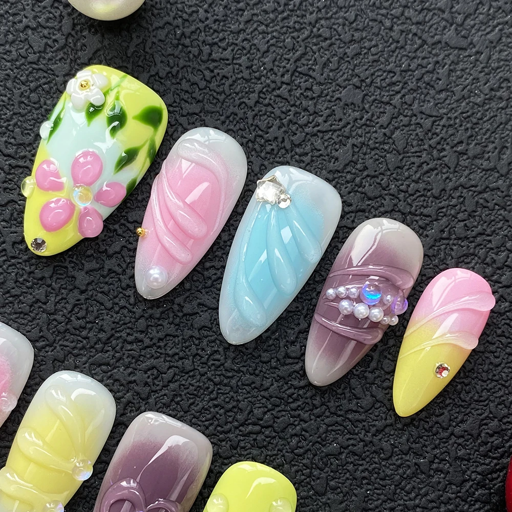 

Акриловые накладные ногти Almond Ballerina толщиной 25 мм, ручной работы, глянцевые, с индивидуальным дизайном, УФ-гель, резные цветы, маникюр