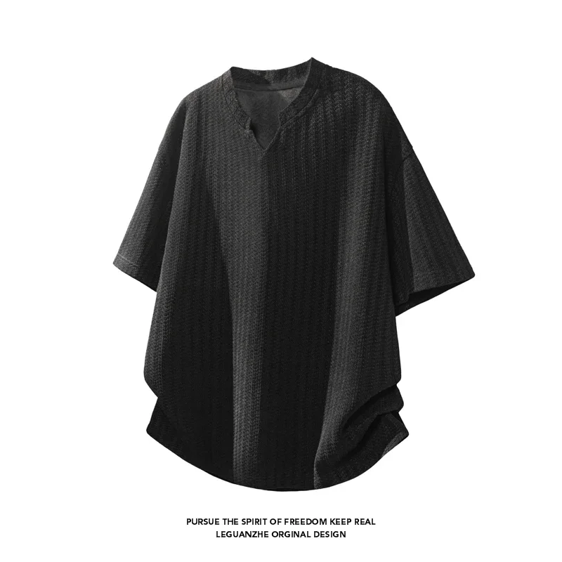 Mens Summer Loose Fit Short Sleeve Tee Notched Collar Vertical Striped Knit Fabric For Travel Shopping And Leisure Outfits