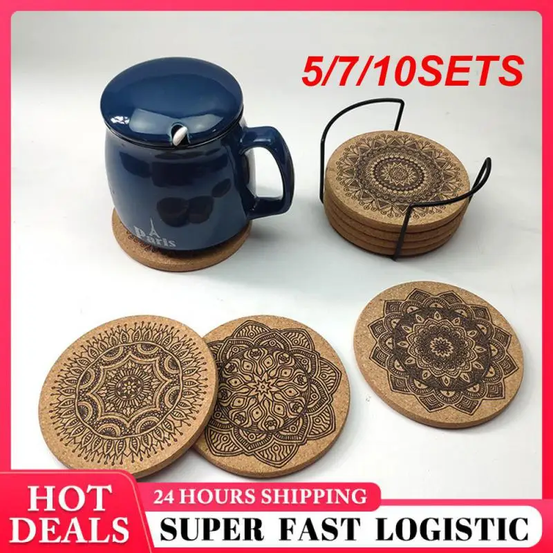 5/7/10SETS Wooden Coasters Table Mat With Rack Nordic Mandala Round Cork Coaster Coffee Cup Pad Kitchen Accessories