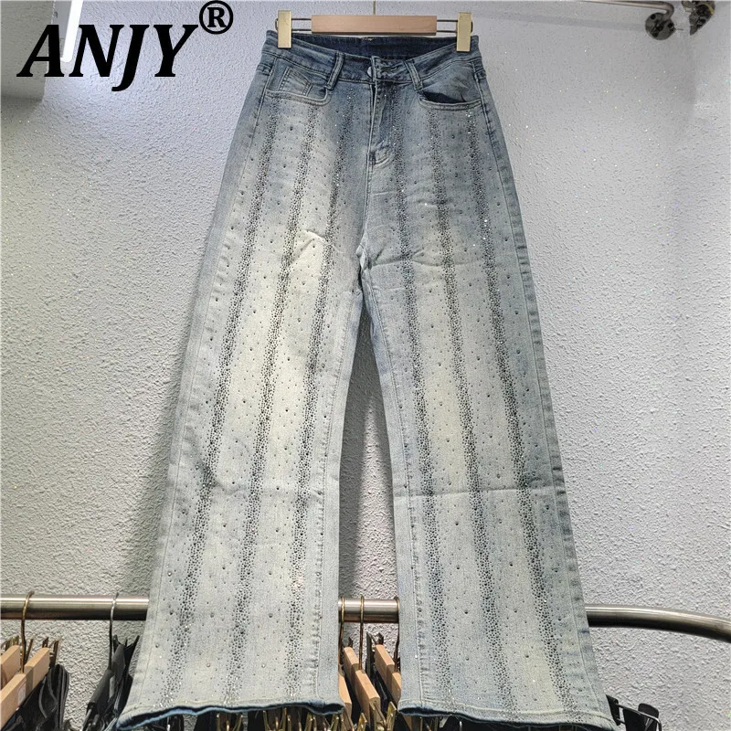 

ANJY Autumn New Women Chic Jeans Heavy Craft Studded Diamonds Slimming Straight Vintage High Street Trendy Y2K Denim Pants A9389