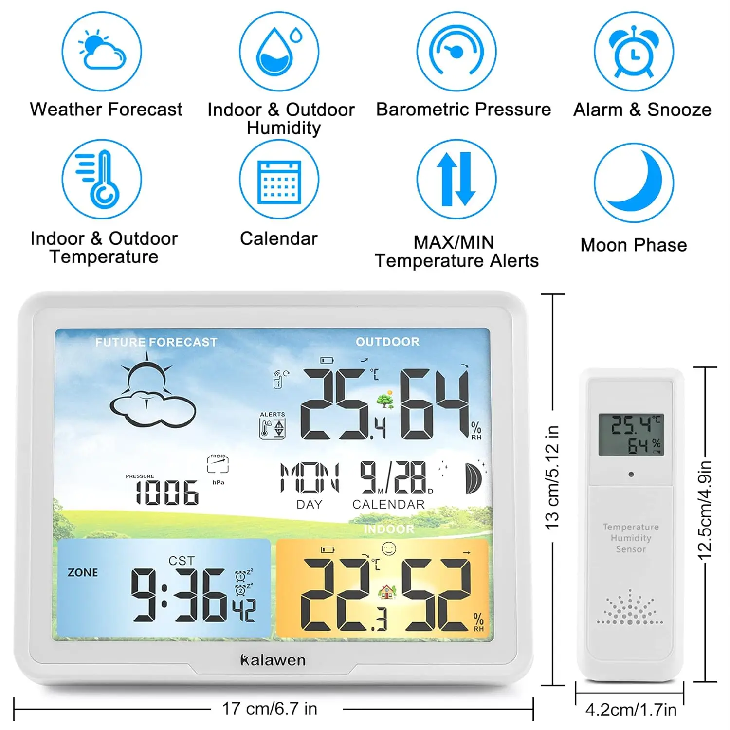 Wireless Weather Station with Atomic Clock, Digital Thermometer & Humidity Monitor, Indoor Outdoor Weather Forecast with Moon