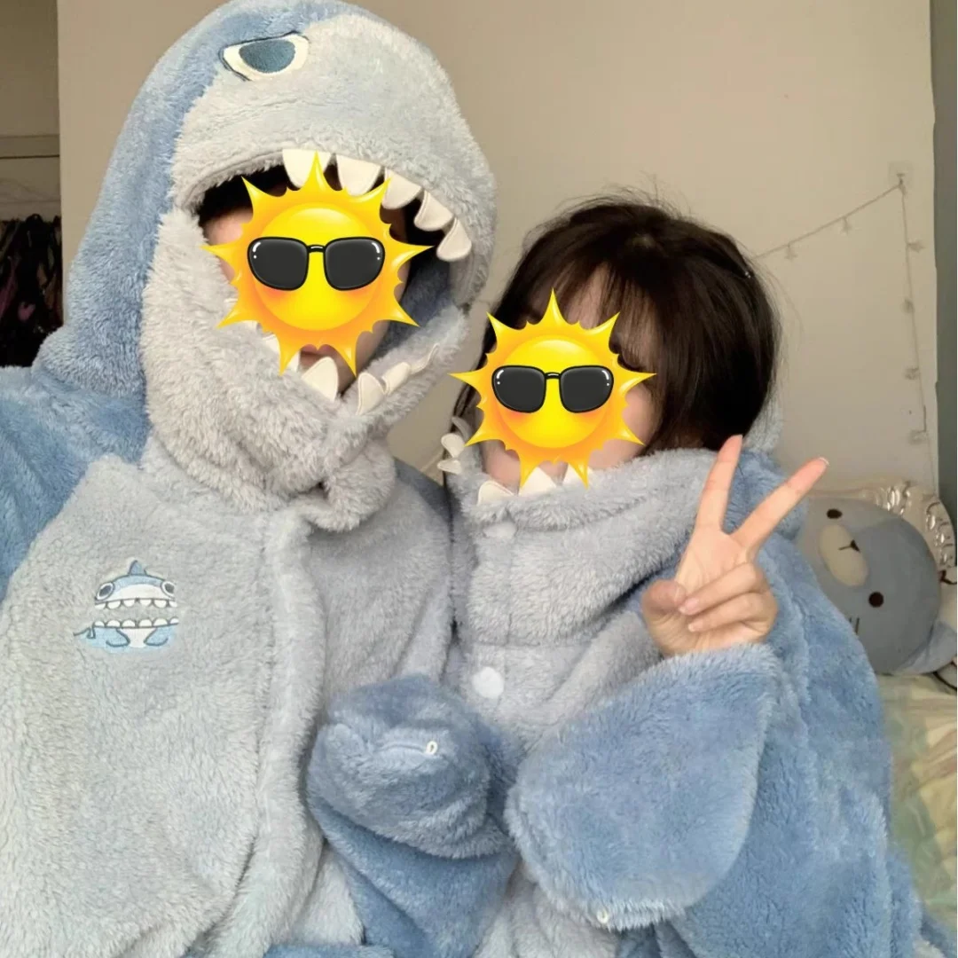 Winter Blue Shark Pajama Long Warm Coral Fleece Bathrobe Cute Funny Home Wear Set for Women Men Halloween Christmas Gifts 3