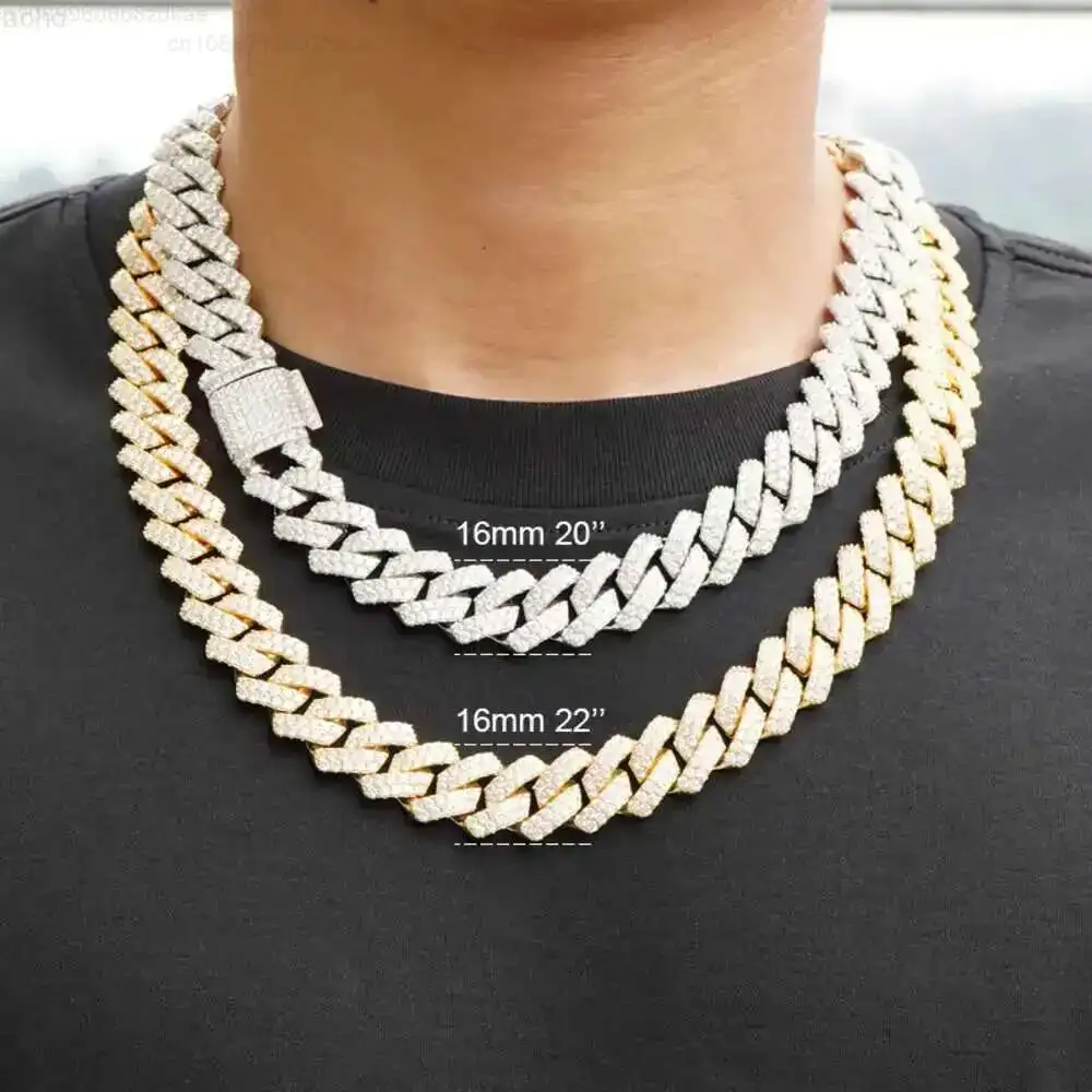 

16mm Width Fine Jewelry Men Necklace Sterling Silver 925 Iced Out Moissanite Hip Hop Iced Out Cuban Link Chain