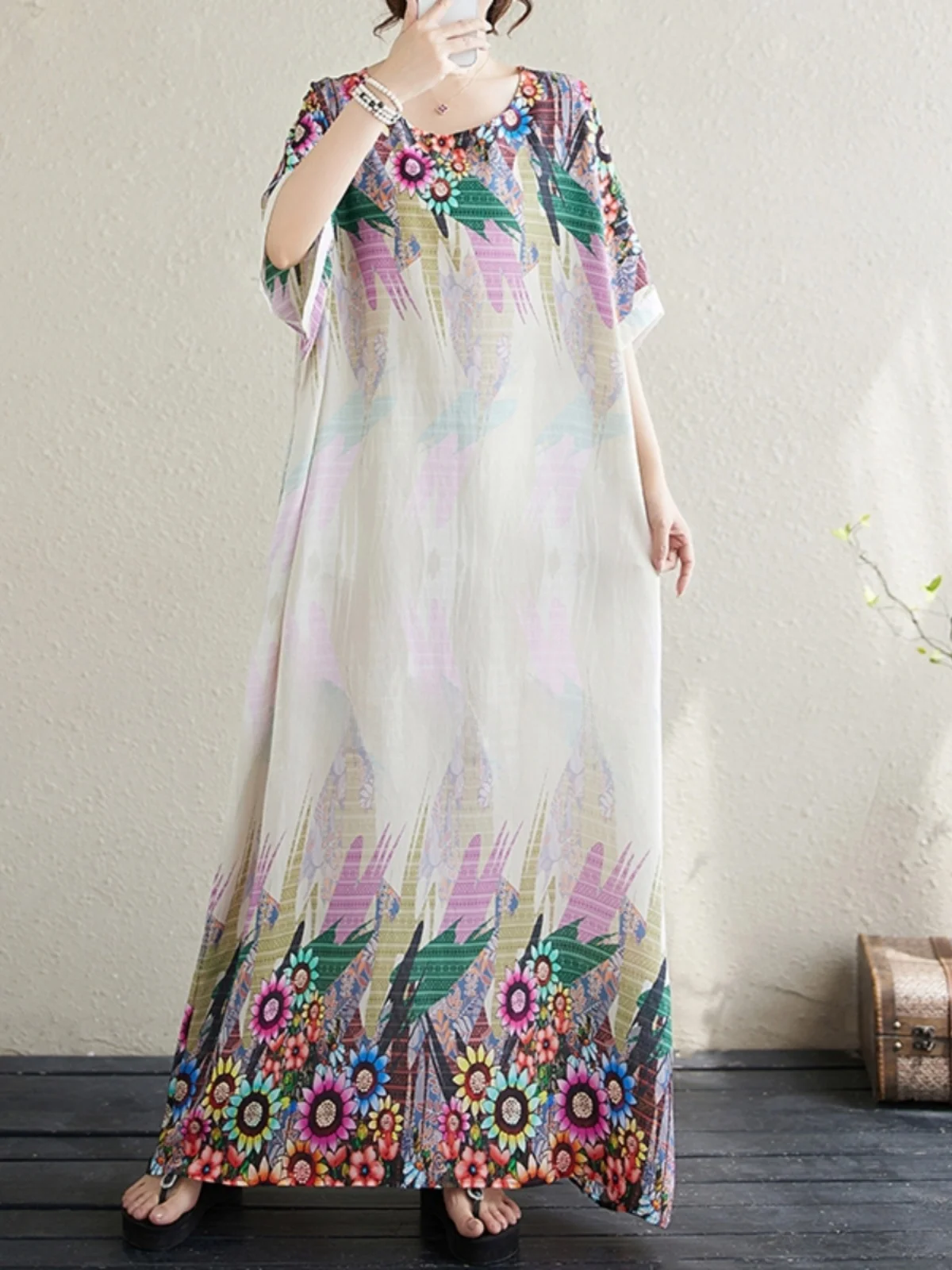 تنورة شاطئ طويلة فضفاضة من Summer n مزيج القطن والحرير جولة Ne Print Dr Sweet Sle عطلة الرياح الصيف رداء طويل