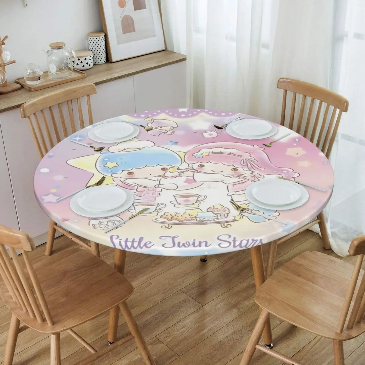 Round Waterproof Little Twin Stars Sanrio Cartoon Kiki Lala Table Cover Fitted Table Cloth Backed Edge Tablecloth for Picnic