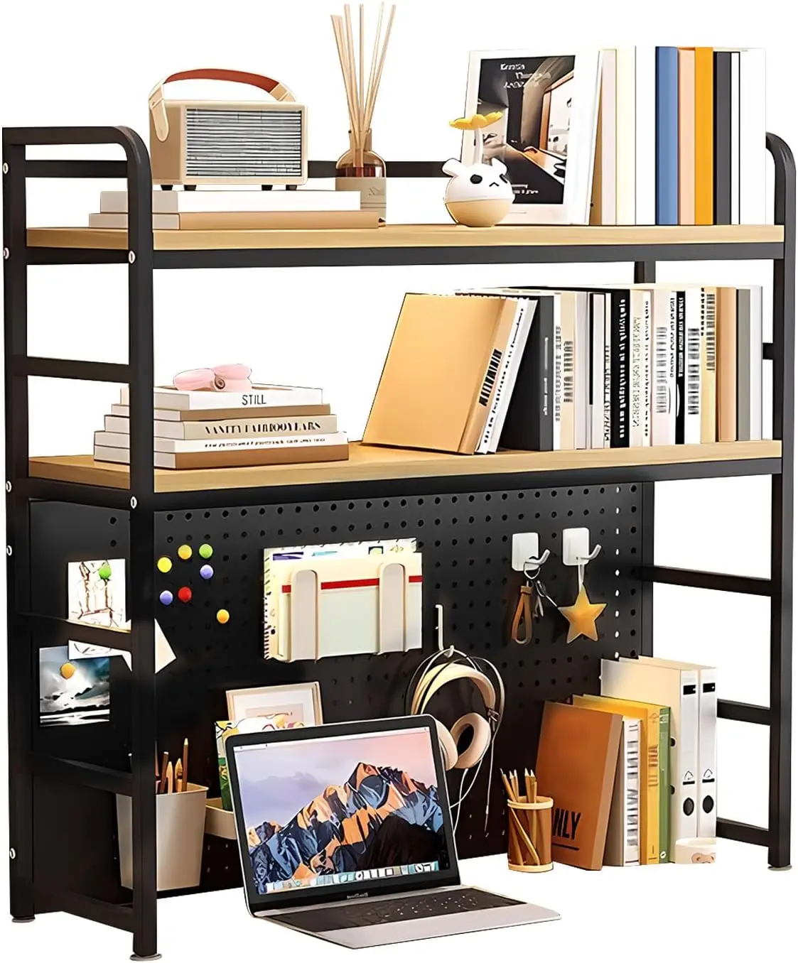 Schreibtisch-Hutch-Regal, Wohnheim, 2-stufiges Arbeitsplatten-Desktop-Bücherregal mit Stecktafel, Metall/MDF-Schreibtisch-Bücherregal für Computertisch, Schreibtisch