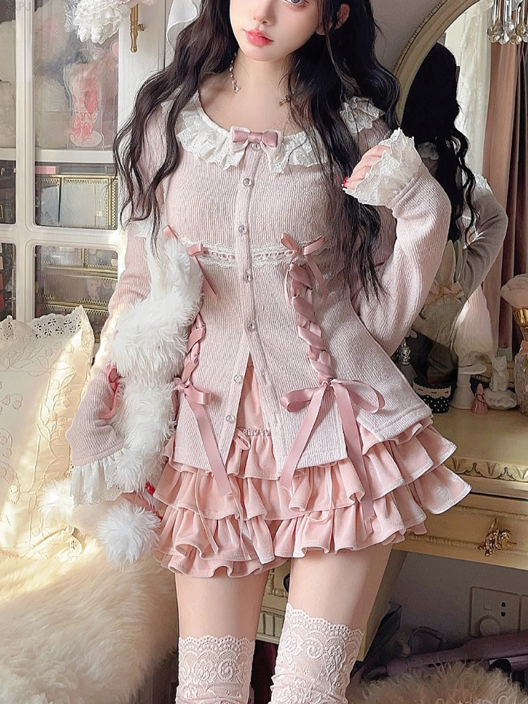 Pink Lolita Kawaii 2 Piece Set Women Korean Elegant Party Mini Skirt Suit Female Knitted Lace Blouse  + Elastic Sweet Skirt 2024