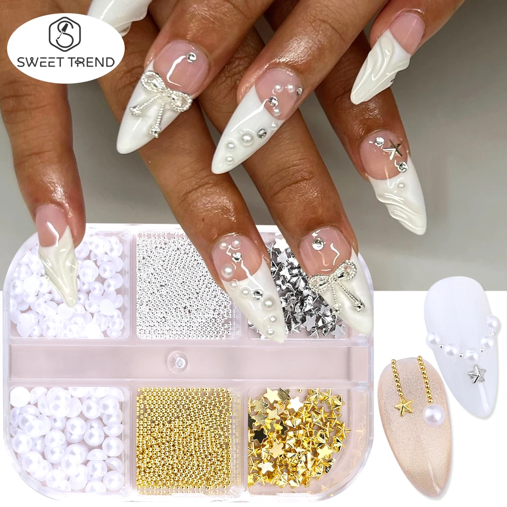 

SWEET TREND-6 Grid Y2K Star Nail Art Charms Gold Silver Steel Bead Pearl Nail Parts Manicure Material Decoration Accessories DIY