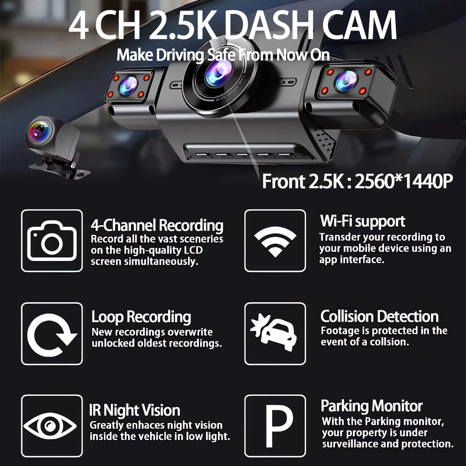 2.5K 4 Lens 360 Degree Dash Cam For Cars WIFI APP Car DVR 4-Channel Front Camera Video Recorder Rear View Camera 24H Parking