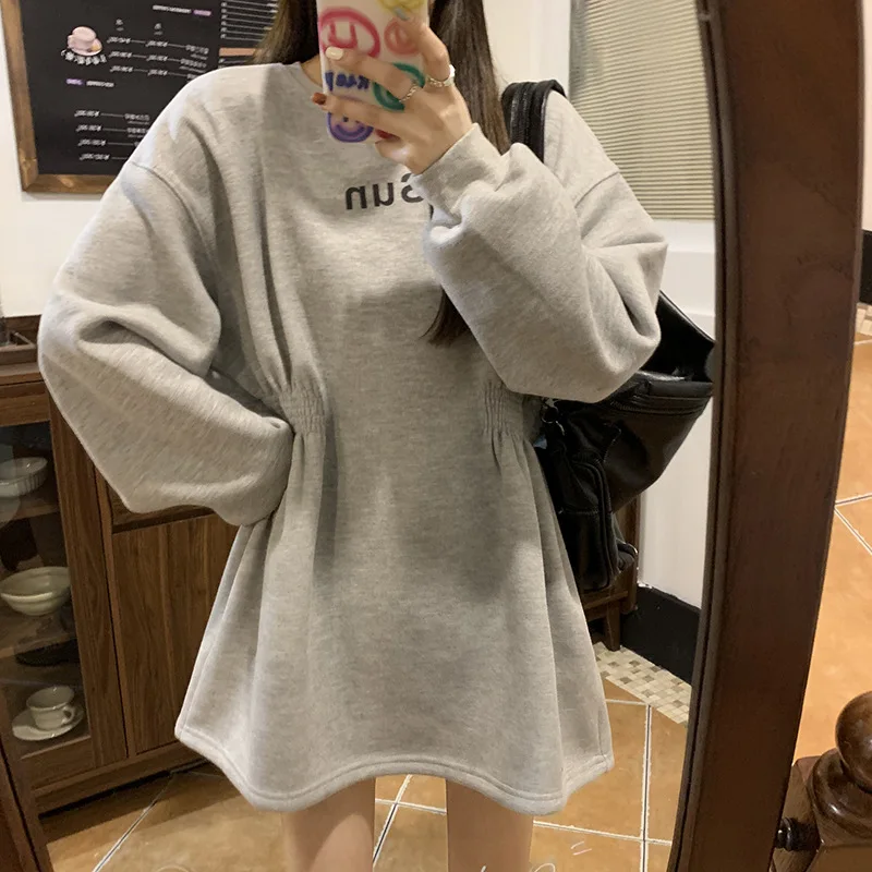 Plush Thickened Sweatshirt Dress Women 2022 Spring Chic Casual Slim  Loose Medium Length Waist Closing Pullover Long Sweatshirt