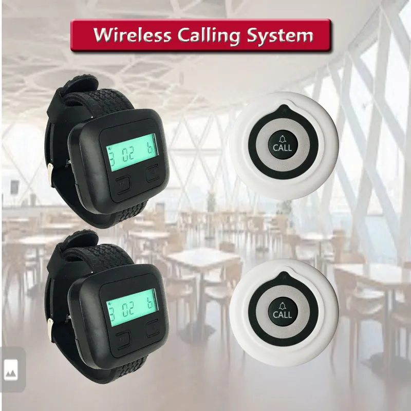 QWICALL 433MHz Wireless Calling System With Long Distance 2 Call Bells 2 Watch Pager Receiver For Restaurant, Cafe, Bar