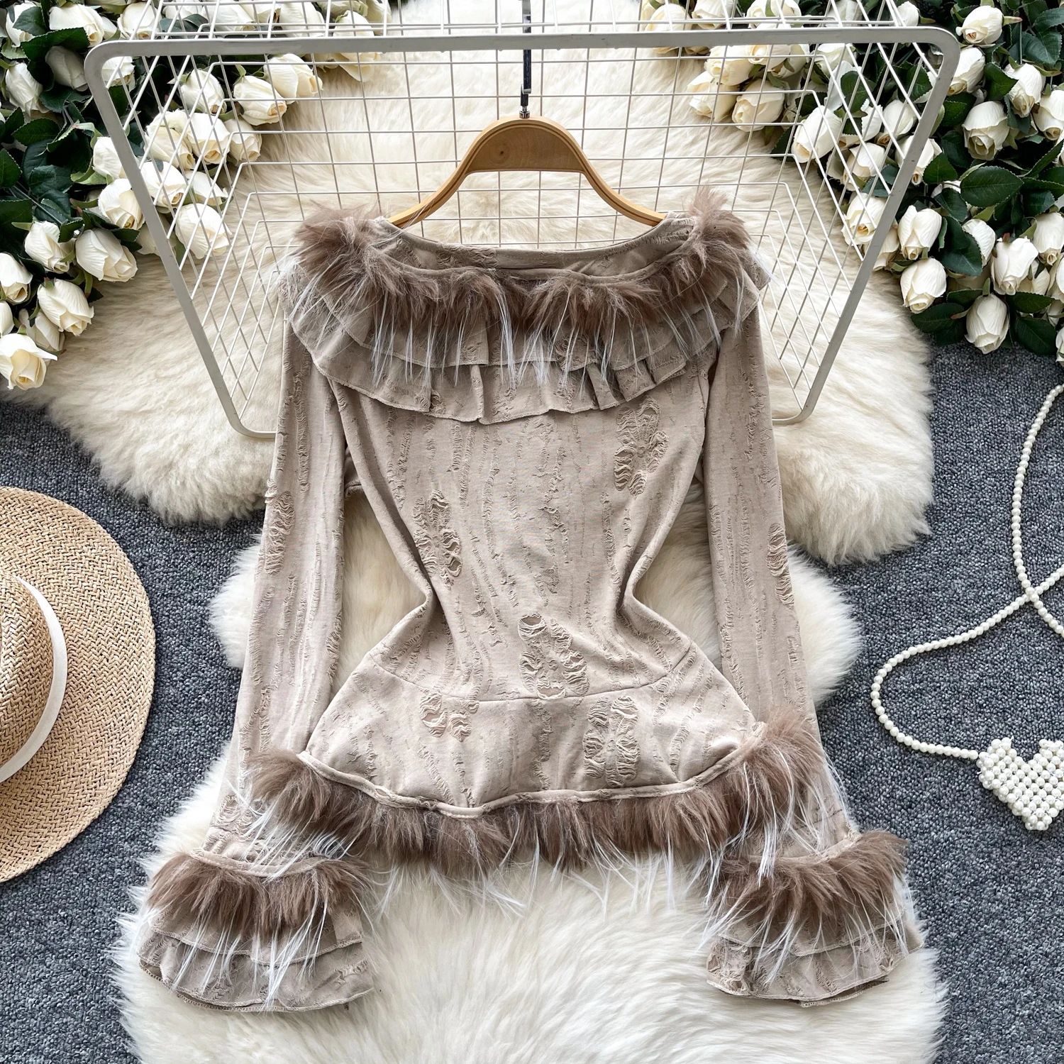 Women's Long Sleeve Crop Shirt with Feather Cuffs, V-Neck Cardigan, Fringed Tassel, Stitching, Luxury, Ladies, Mesh, Summer Tops