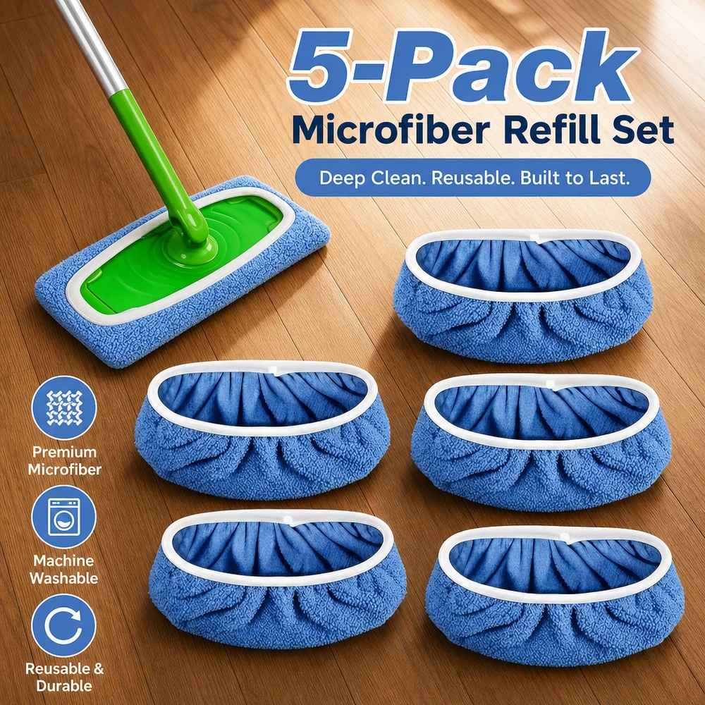 5 Pack Reusable Microfiber Mop Pads for 10x4.5 Inch Heads Wet Dry Cleaning on Hardwood Tile Laminate Stone Floors
