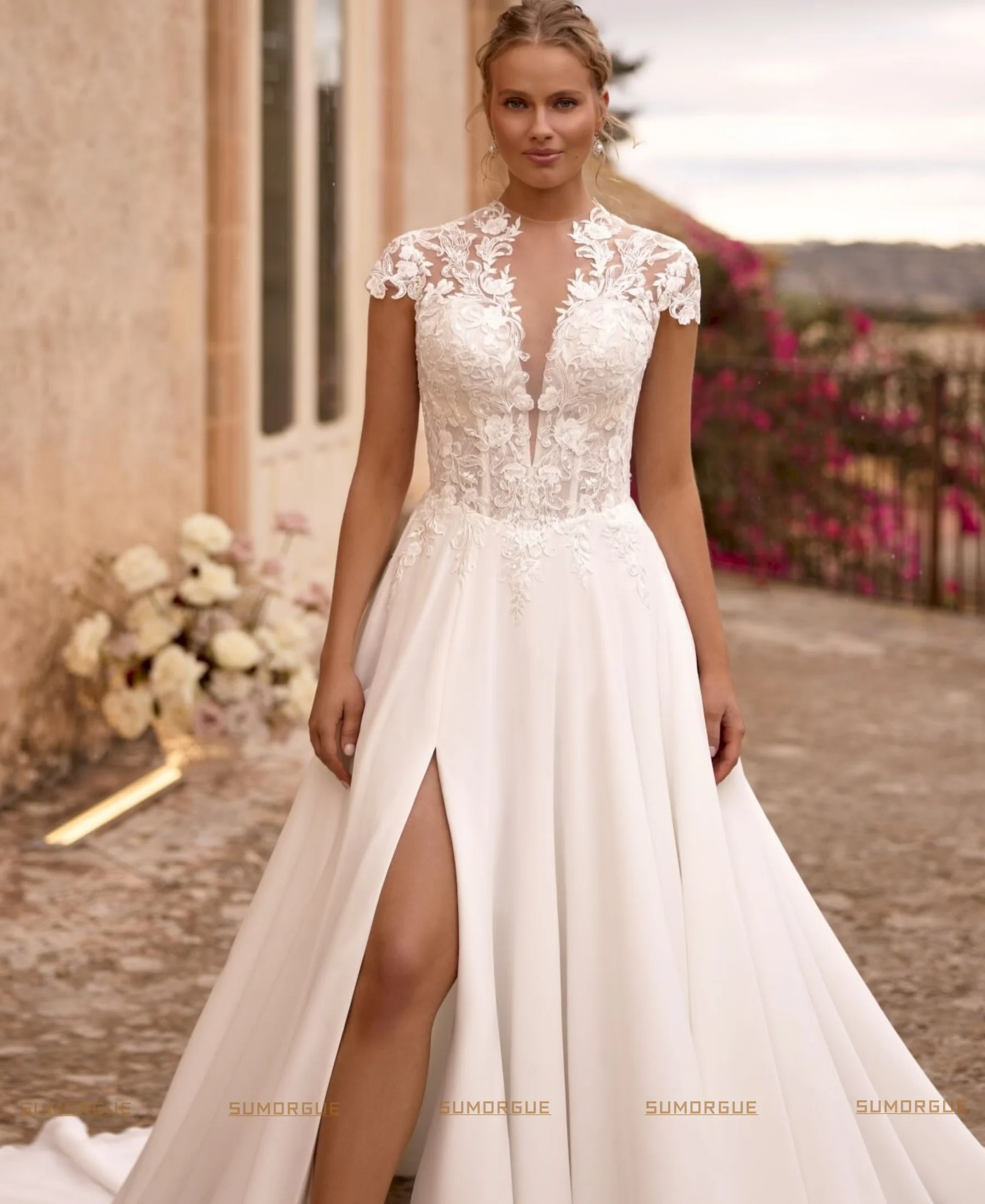 Woman Wedding Dress Cap Sleeves Round Neck Open Back Slit Sweep Train Chiffon Bridal Gown high-end Customzied Vestidos De Novia
