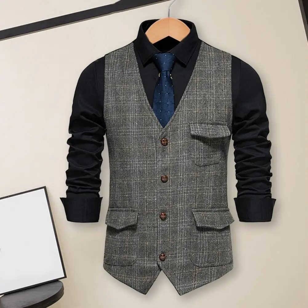 Gilet d'affaires à carreaux pour hommes, gilet à simple boutonnage, manteau en émail coupe couvertes pour le travail, imprimé rétro