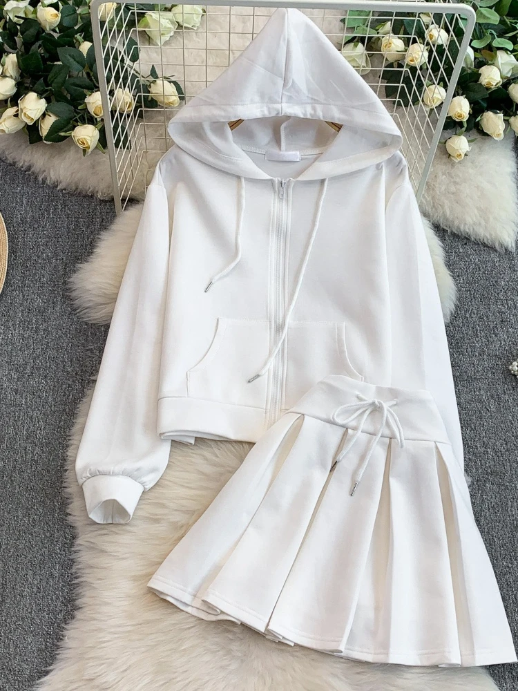 

Women's Zipper Hooded Jacket+High Waist Slimming Anti-Light Cheered ort Pleated Short Skirt Autumn Casual Two-Piece Set