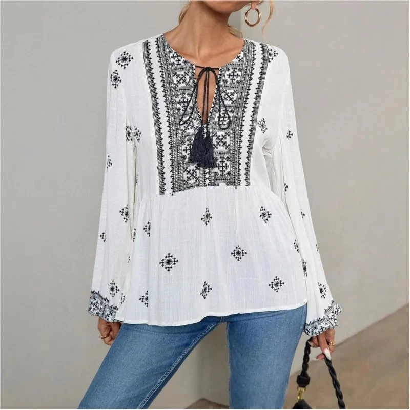 

2026 Round Neck Half-open Collar Lace-up Fashion Printed Lantern Sleeve Shirt Tops Women's Retro New Ethnic Style Versatile Tops