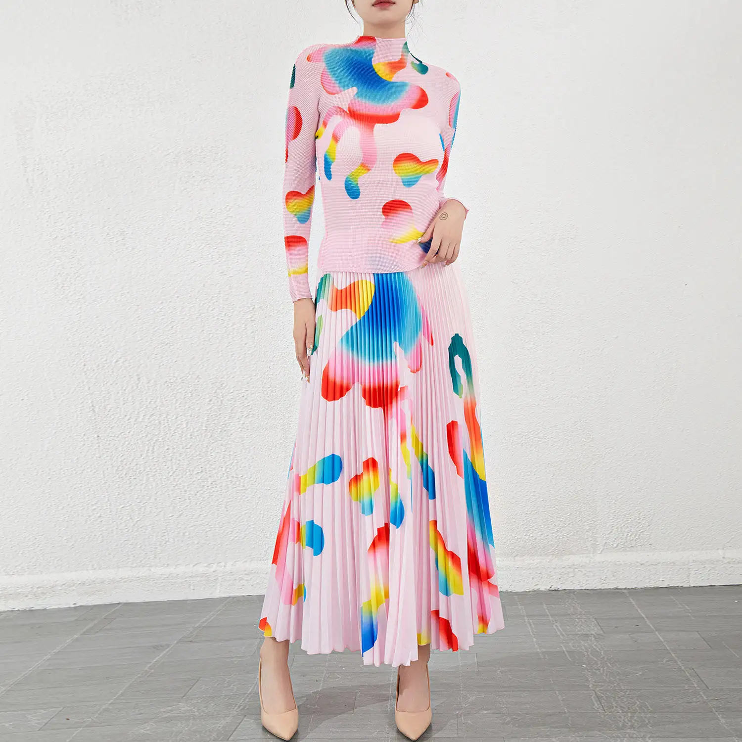 2025 Women High-Quality Spring and Autumn Casual Fashion Set Two-Piece Miyake Pleated Floral Print Women's Skirt Set