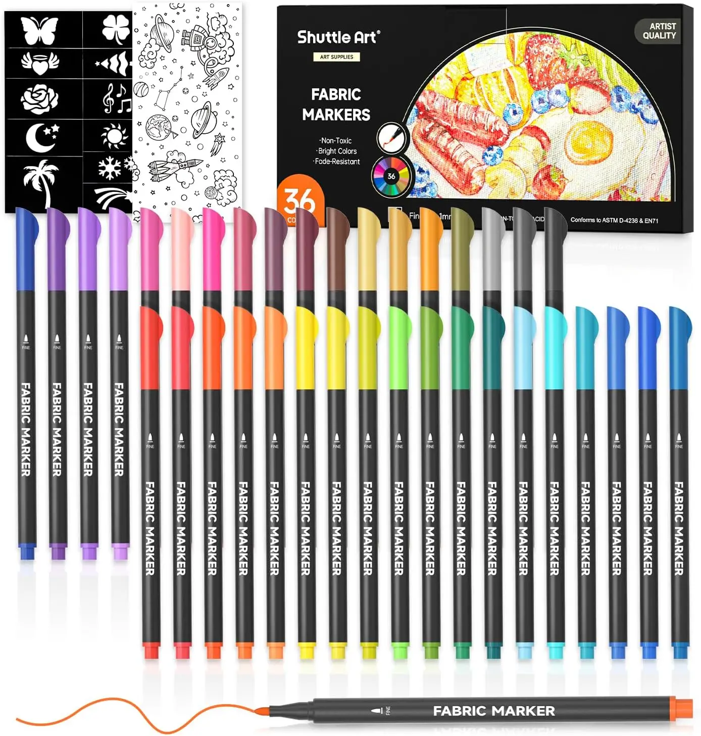 Marcadores de Tela Shuttle Art de 36 Colores, Marcadores Permanentes para Camisetas, Ropa, Zapatillas, Jeans con 11 Plantillas y 1 Hoja de Tela, Rotuladores Permanentes para Camisetas para Pintar y Escribir DIY para Adultos