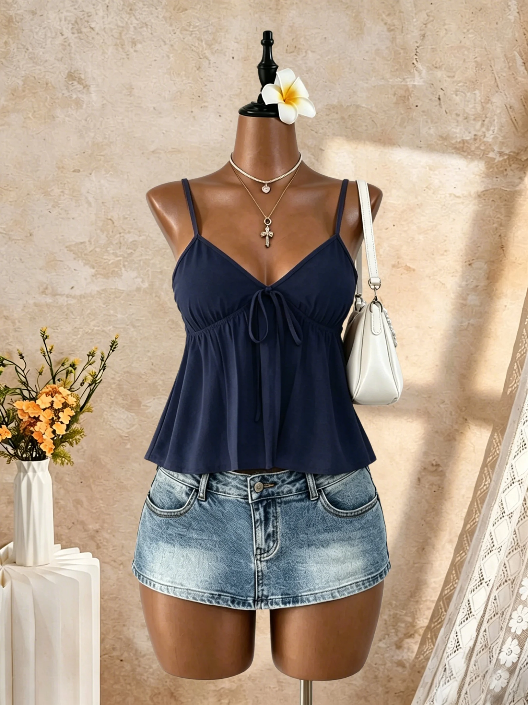 Damen V-Ausschnitt Spaghettiträger-Top mit Knoten vorne, geraffter Taille und ausgestelltem Peplum-Saum, Sommer 2026, Y2K, einfarbig Schwarz, lässig für Strandurlaub – Detail 3